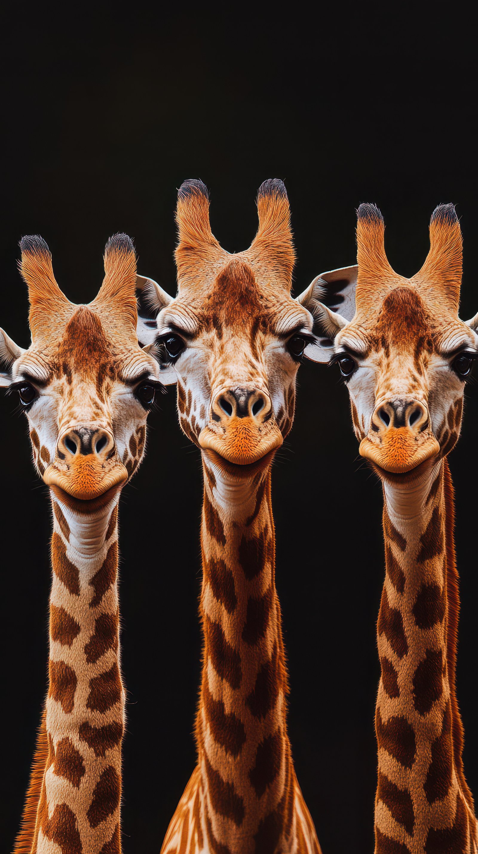 Three giraffes standing together against a dark background in a wildlife environment